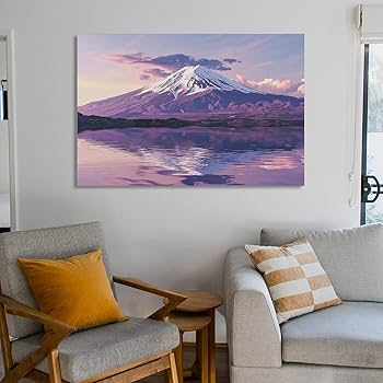 Amazon.co.jp: 絵画 湖に映る富士山と木々 アートパネル ポスター 紫色